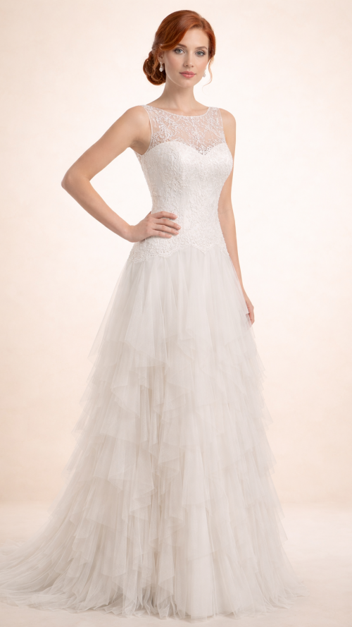 Vestido de Novia con cuerpo de encaje.