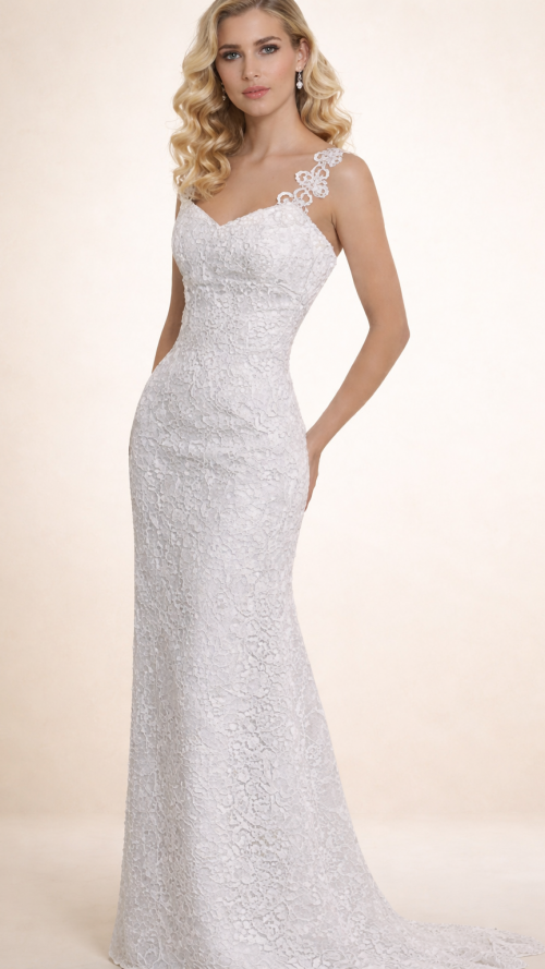 Vestido de Novia corte recto con tirantes.