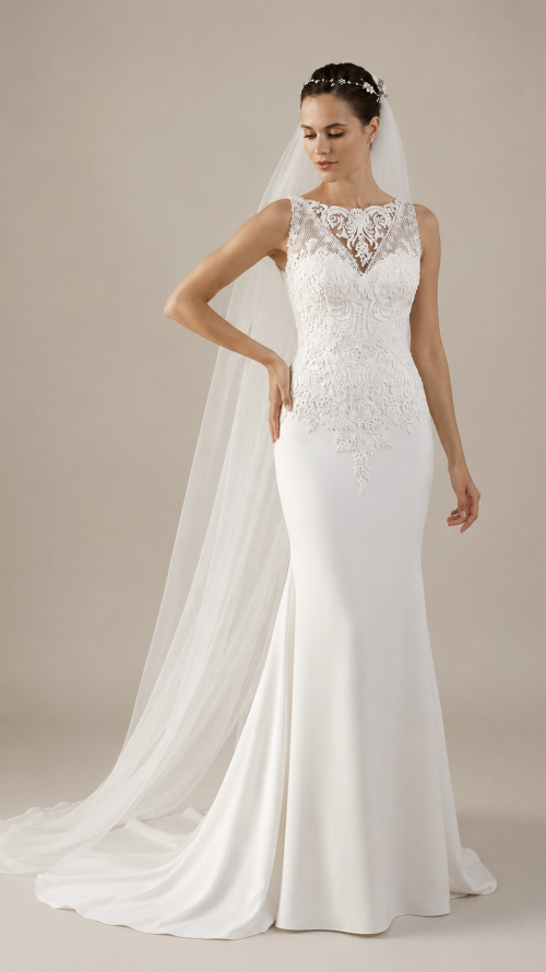 traje de novia con detalles de guipur con escote y sin mangas .