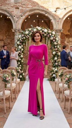 vestido apertura con manga fucxsia
