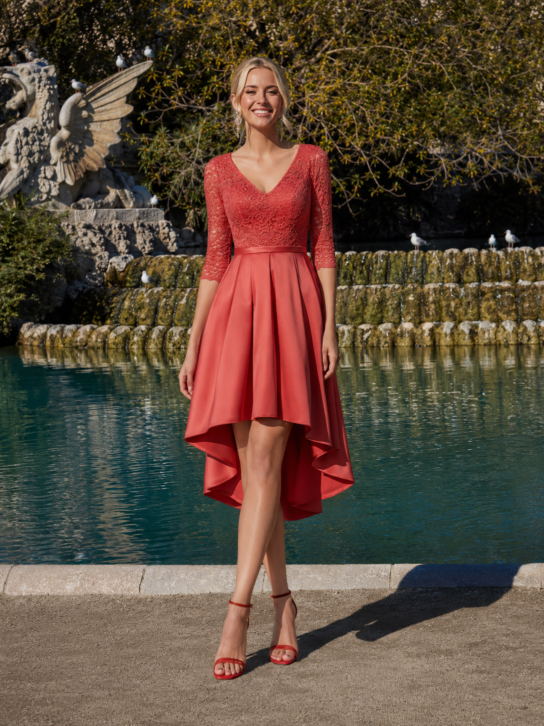 Vestido de hermana del novia de boda de mañana coral