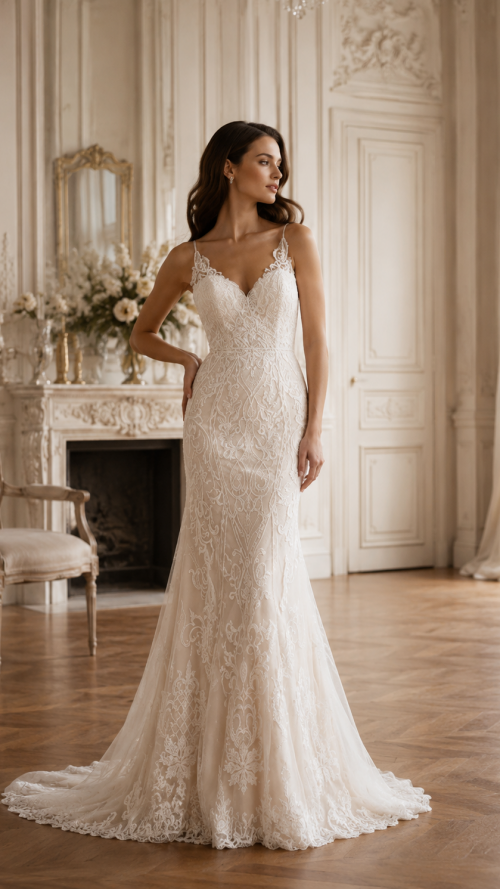 Vestido de novia corte sirena de encaje.