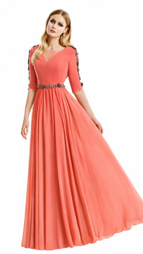 Vestido largo de invitada con manga de gasa.