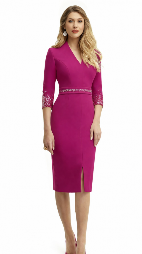 Vestido corto de ceremonia elegante con manga, color buganvilla.