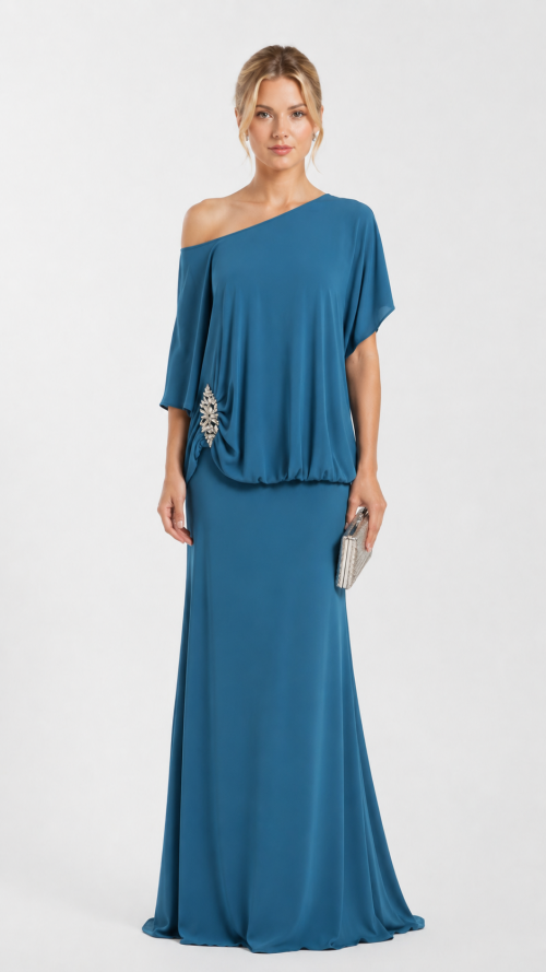 Vestido con efecto blusa capa, elegante y sofisticado color azul petroleo