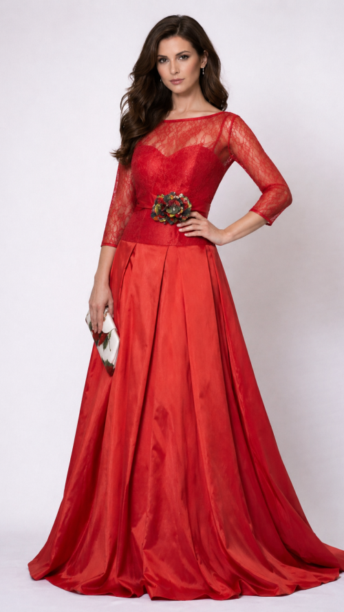 Vestido Largo Rojo con Encaje de Chantilly