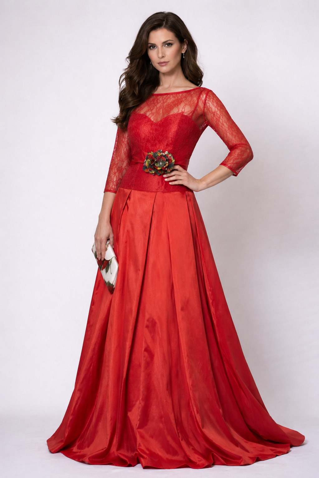 Vestido Largo Rojo con Encaje de Chantilly