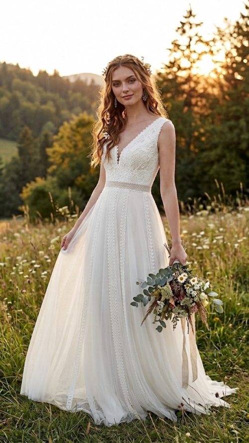 Vista creada con IA El estilo boho (bohemio) para novia se caracteriza por su esencia romántica, fluida, natural y relajada, inspirada en el arte libre y la conexión con la naturaleza