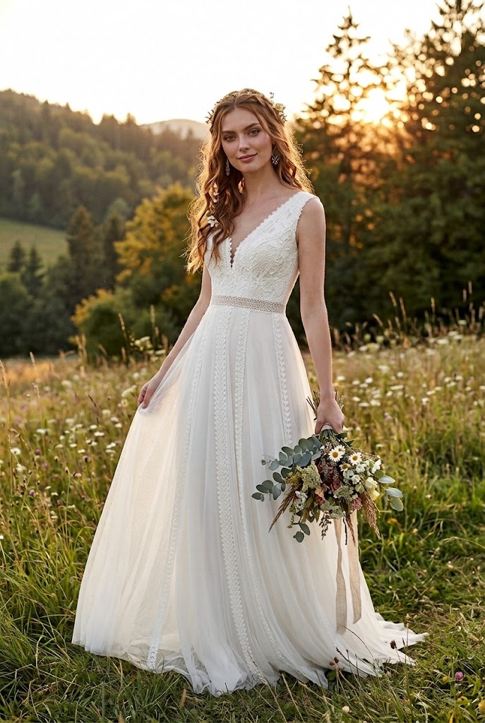 Vista creada con IA El estilo boho (bohemio) para novia se caracteriza por su esencia romántica, fluida, natural y relajada, inspirada en el arte libre y la conexión con la naturaleza