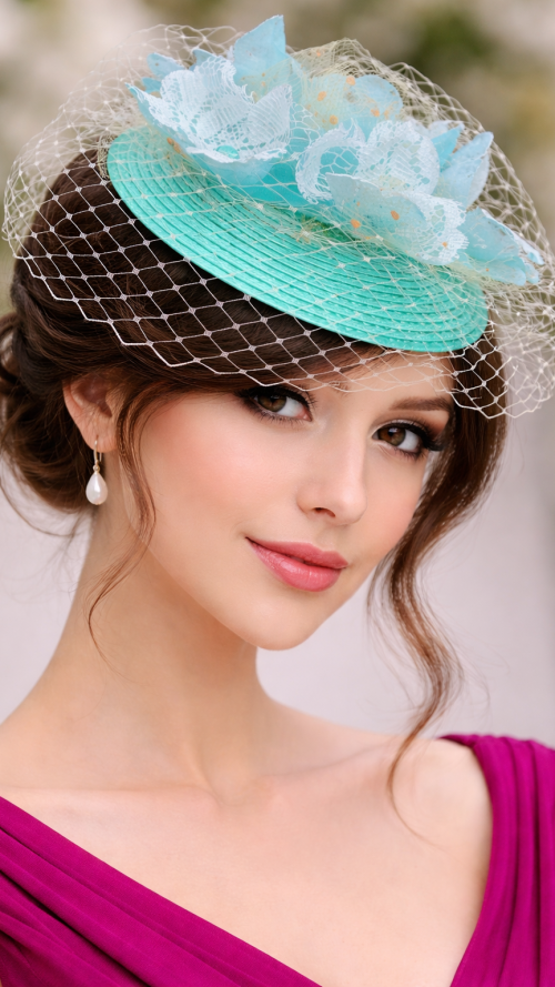 Tocado Circular Pequeño en Tonos Agua Marina, Celeste con Redecilla Beige