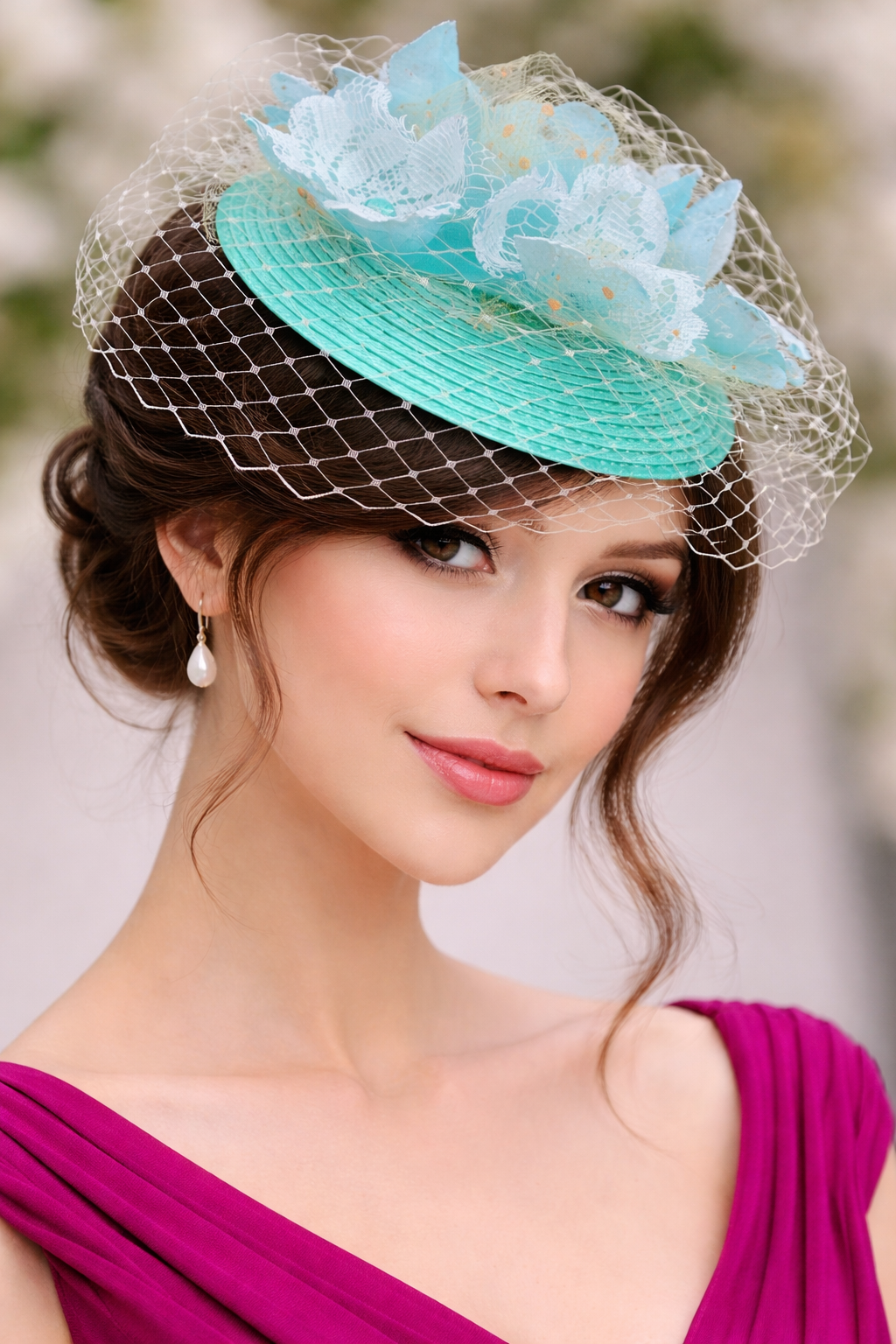 Tocado Circular Pequeño en Tonos Agua Marina, Celeste con Redecilla Beige