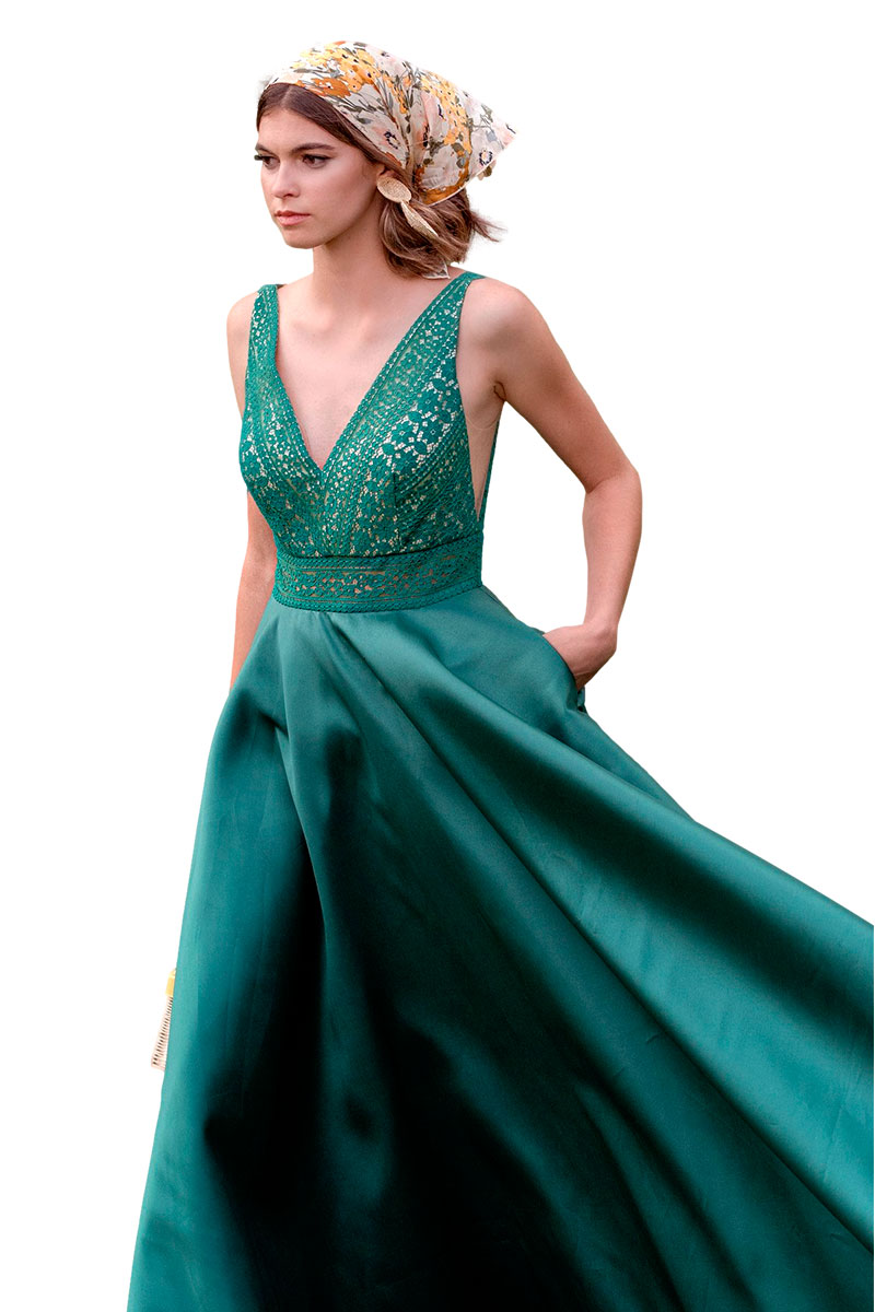 Vestido Largo Corte Princesa en color Verde Esmeralda - Entrenovias