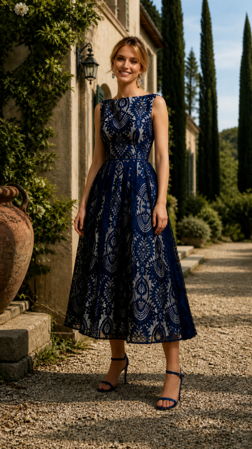 Vestido corto de invitada de encaje en azul marino.