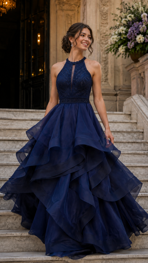 Vestido largo corte princesa con encaje y escote halter.