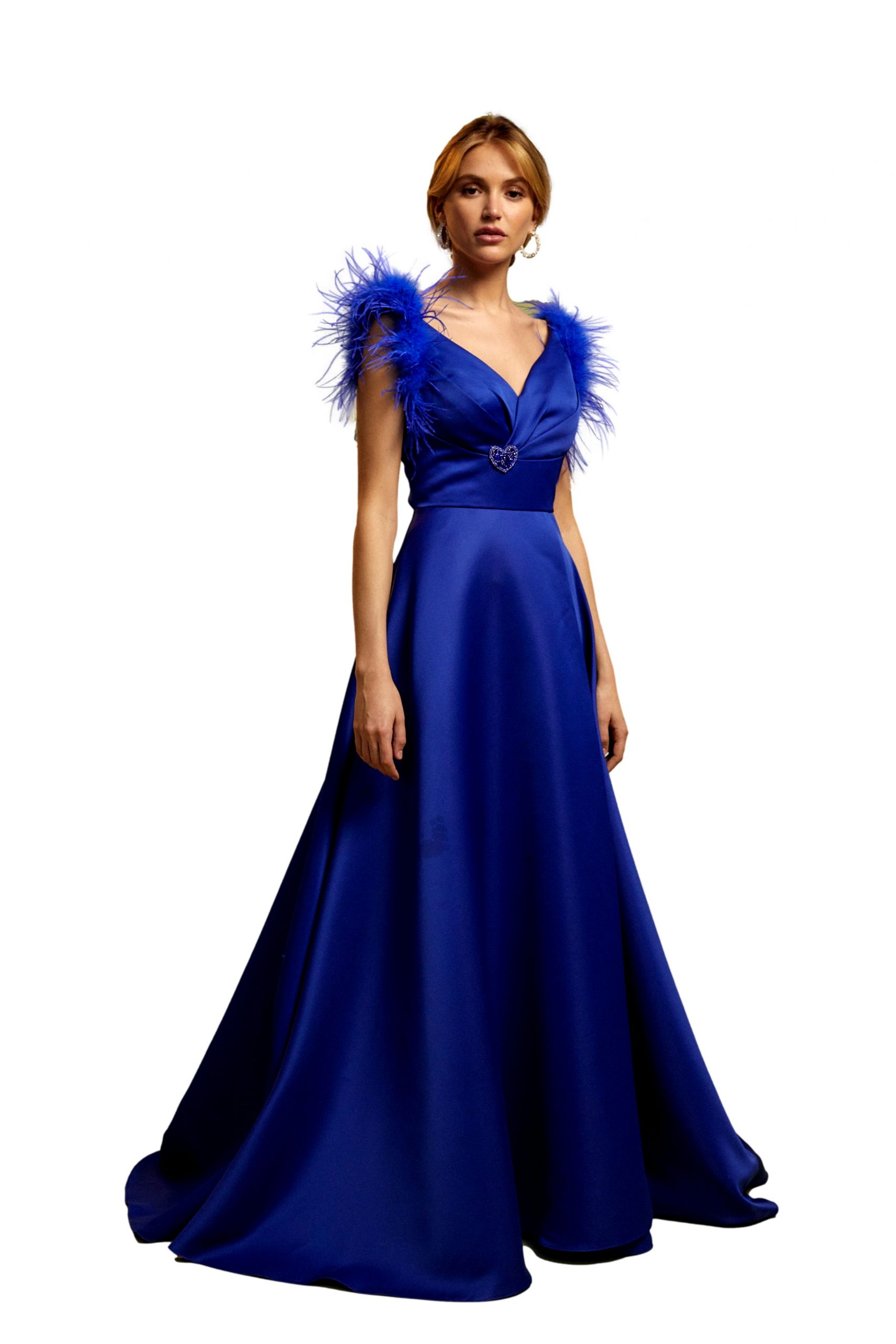 Vestido corte princesa con apertura y plumas azul Entrenovias