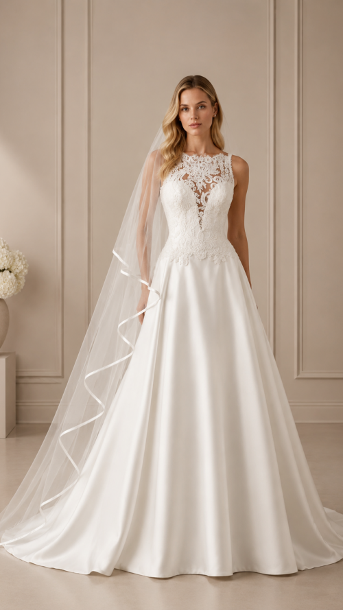 vestido de novia con encaje en parte superior y detalles en la falda