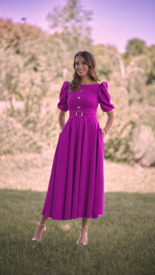 Vestido corto midi de fiesta en crepé con manga abullonada.