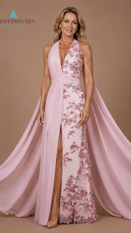 Vestido largo de invitada de tul con mitad del cuerpo y mitad de falda bordada de flores.