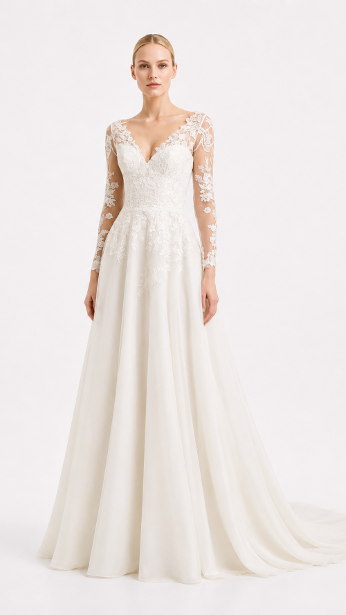 Vestido de Novia estilo romántico con mangas de encaje.