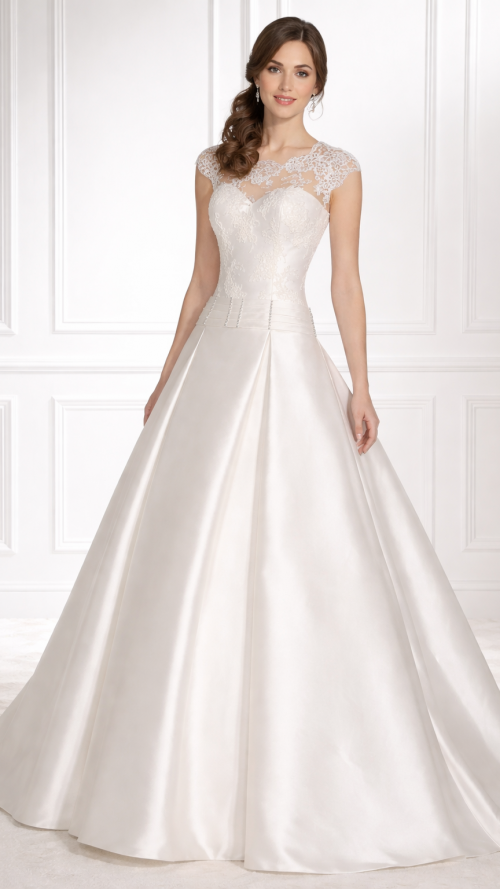 Vestido de novia recto con cuello a la caja de encaje y manga larga.