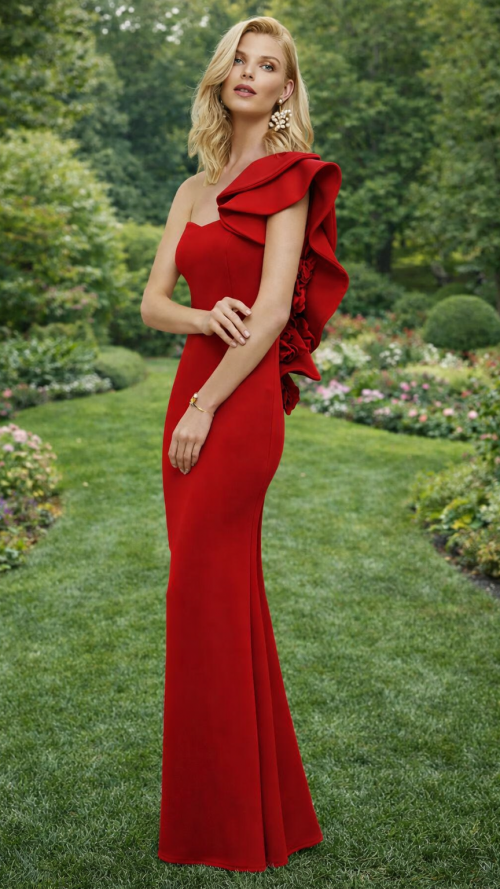 Vestido largo de invitada o hermana del novio/novia en color Rojo.