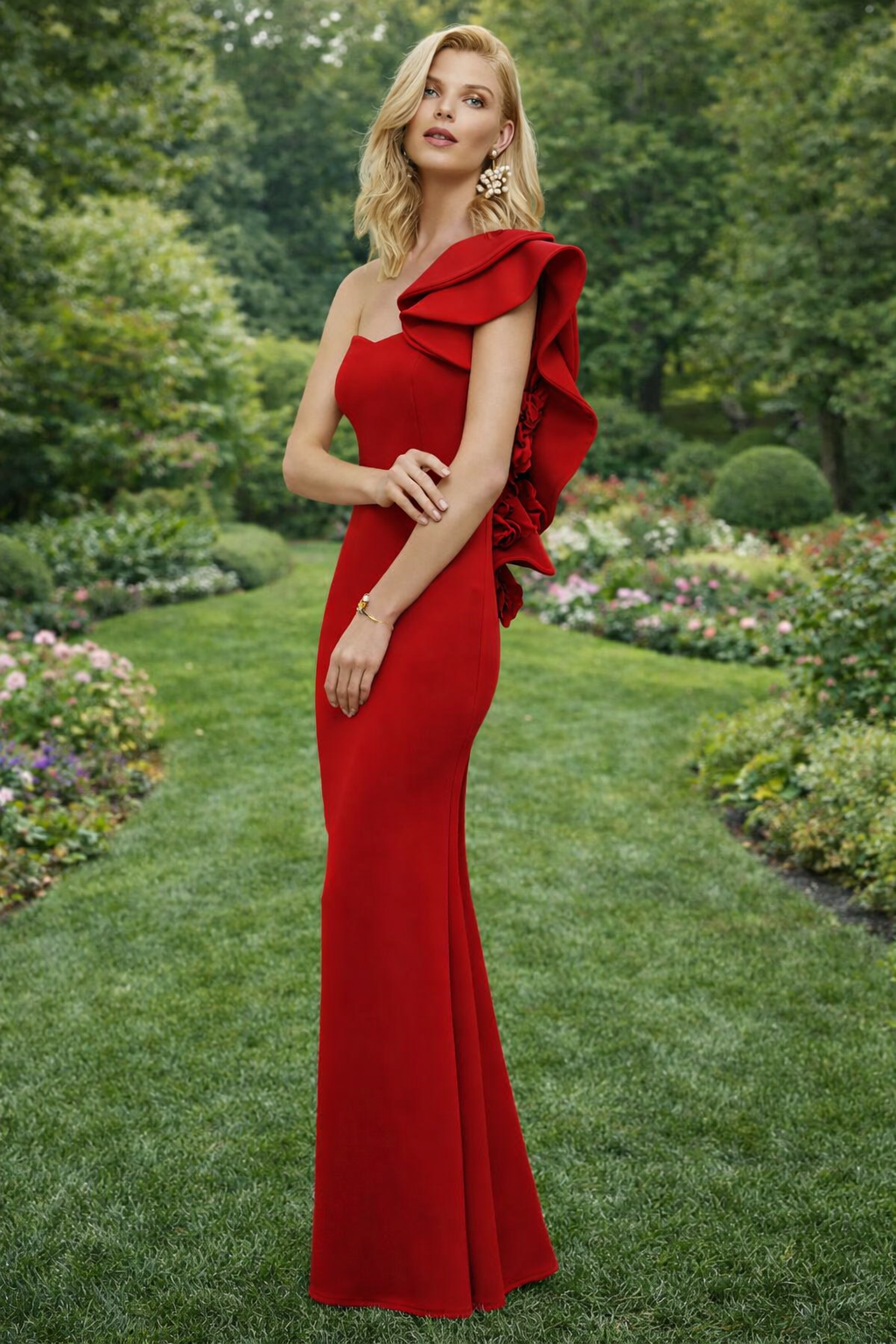 Vestido largo de invitada o hermana del novio/novia en color Rojo.