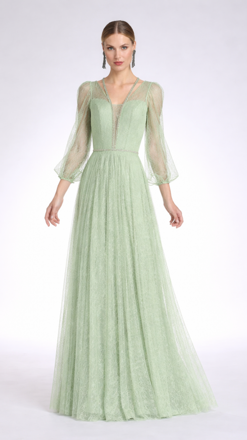 Vestido de fiesta de manga larga en color verde manzana.