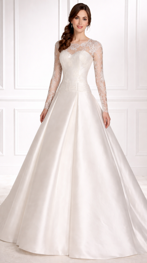 Vestido de novia recto con cuello a la caja de encaje y manga larga.