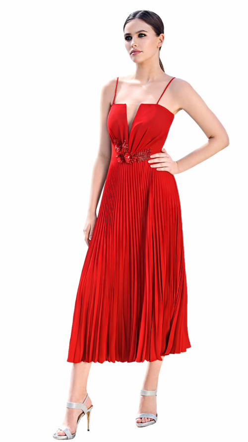 Vestido verde con falda plisada rojo