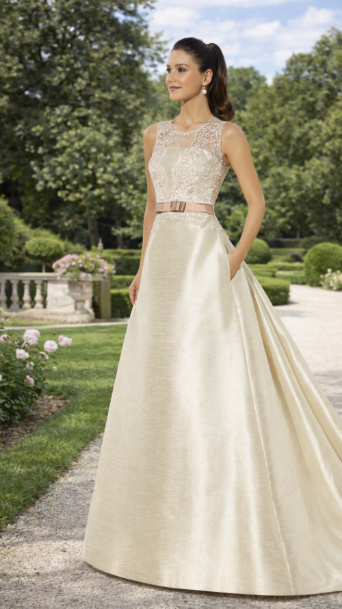 Vestido de novia de lino de encaje y lentejuelas.