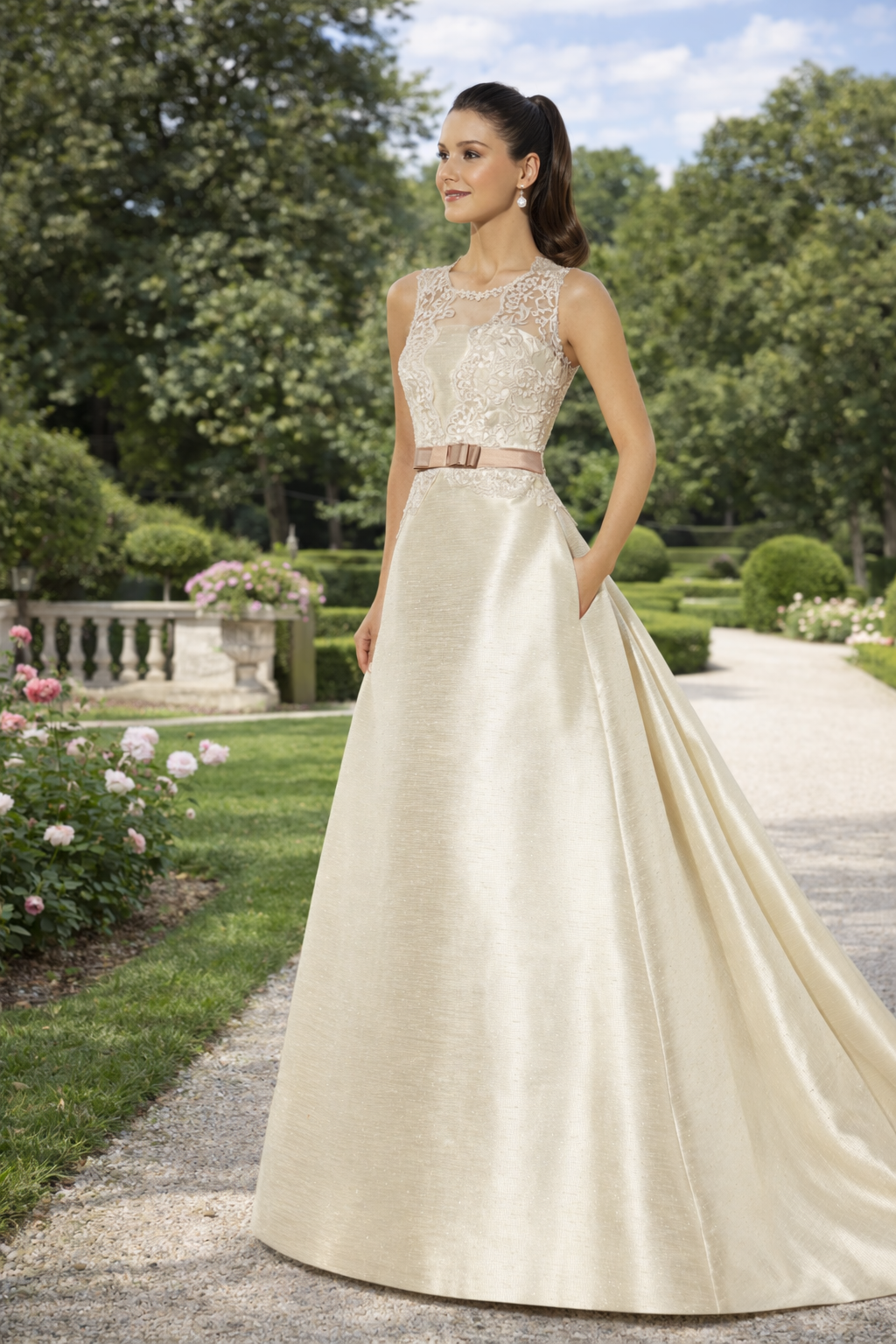 Vestido de novia de lino de encaje y lentejuelas.