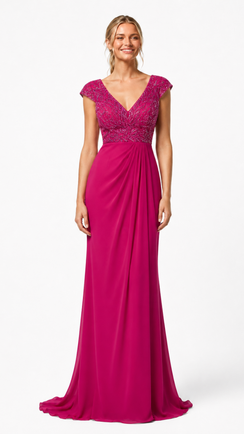 Vestido largo con cuerpo de pedrería.