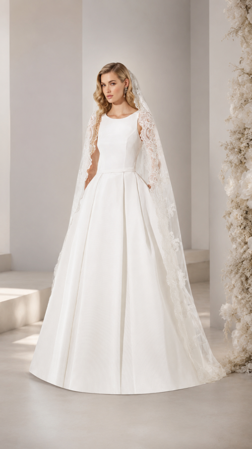 vestido de novia de micado real con detalles en la espalda